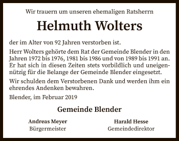 Traueranzeige von Helmuth Wolters von SYK