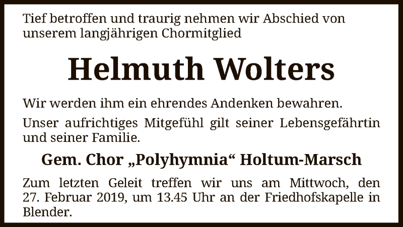  Traueranzeige für Helmuth Wolters vom 23.02.2019 aus SYK