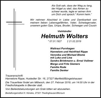 Traueranzeige von Helmuth Wolters von SYK