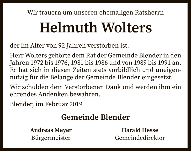  Traueranzeige für Helmuth Wolters vom 23.02.2019 aus SYK