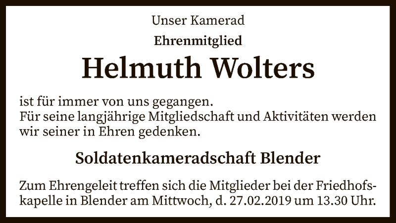  Traueranzeige für Helmuth Wolters vom 23.02.2019 aus SYK