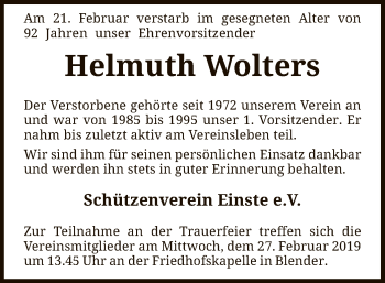 Traueranzeige von Helmuth Wolters von SYK