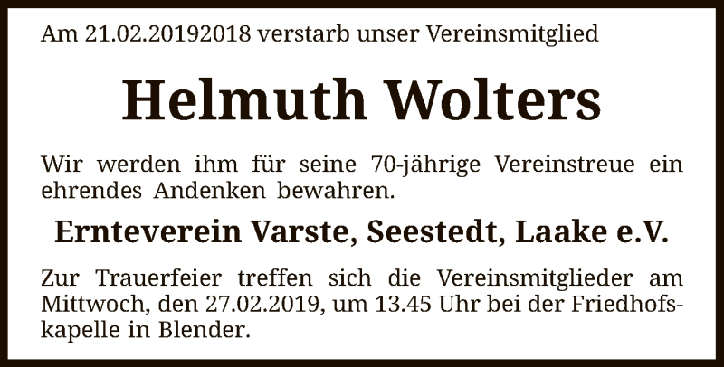  Traueranzeige für Helmuth Wolters vom 23.02.2019 aus SYK