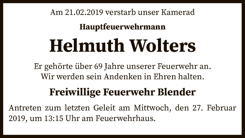  Traueranzeige für Helmuth Wolters vom 23.02.2019 aus SYK