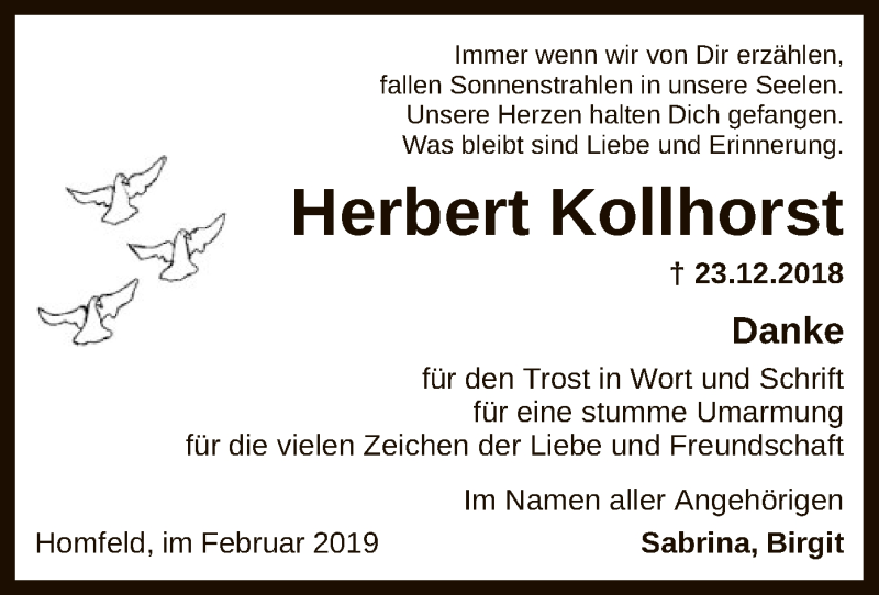  Traueranzeige für Herbert Kollhorst vom 02.02.2019 aus SYK