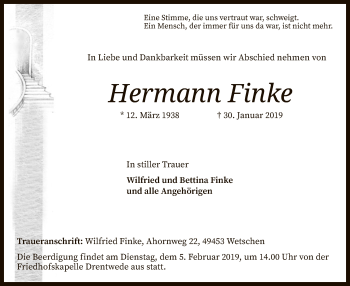 Traueranzeige von Hermann Finke von SYK