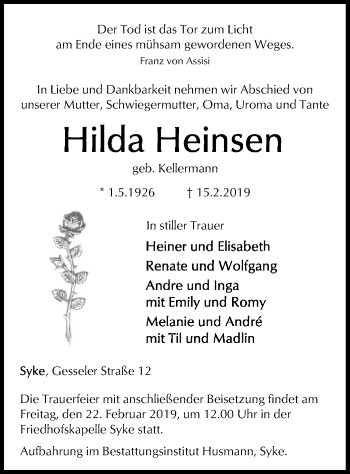 Traueranzeige von Hilda Heinsen von SYK