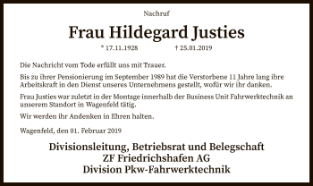 Traueranzeige von Hildegard Justies von SYK