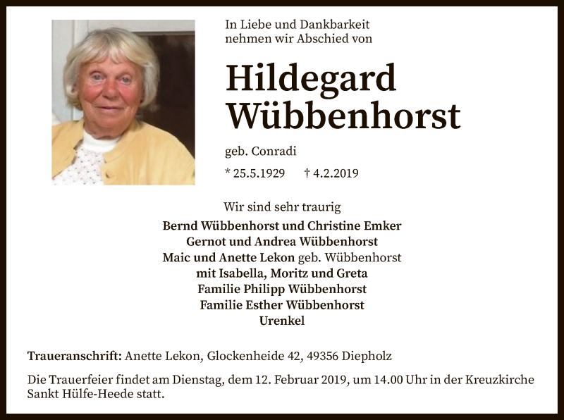  Traueranzeige für Hildegard Wübbenhorst vom 07.02.2019 aus SYK