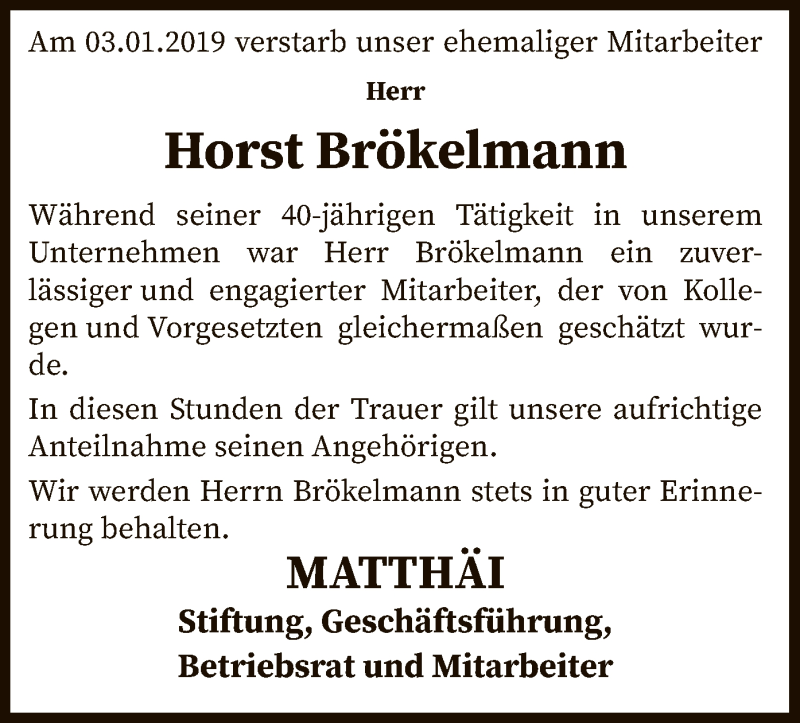  Traueranzeige für Horst Brökelmann vom 09.02.2019 aus SYK
