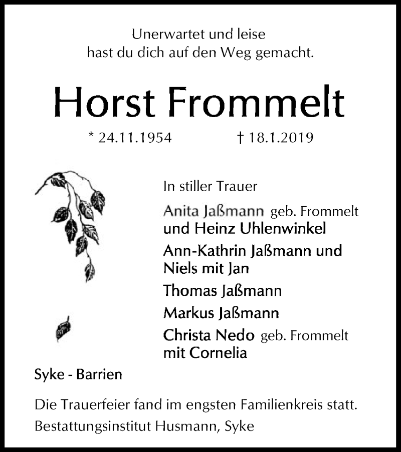  Traueranzeige für Horst Frommelt vom 01.02.2019 aus SYK