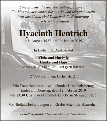 Traueranzeige von Hyacinth Hentrich von SYK