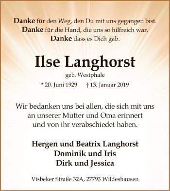 Traueranzeige von Ilse Langhorst von SYK