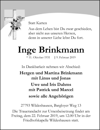 Traueranzeige von Inge Brinkmann von SYK