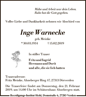 Traueranzeige von Inge Warnecke von SYK