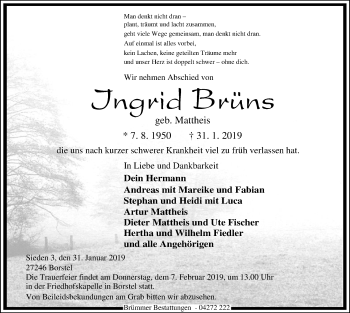 Traueranzeige von Ingrid Brüns von SYK