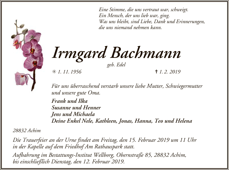  Traueranzeige für Irmgard Bachmann vom 09.02.2019 aus SYK