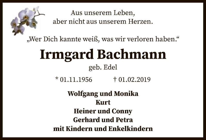  Traueranzeige für Irmgard Bachmann vom 09.02.2019 aus SYK