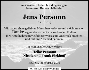 Traueranzeige von Jens Personn von SYK