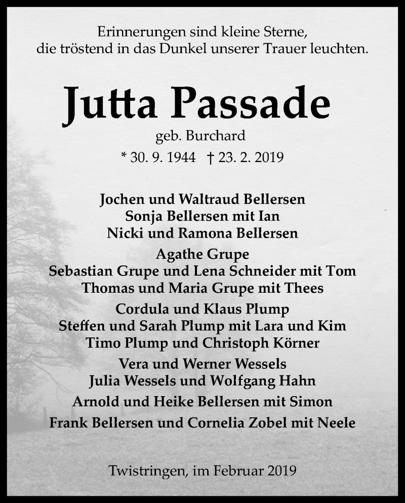  Traueranzeige für Jutta Passade vom 27.02.2019 aus SYK