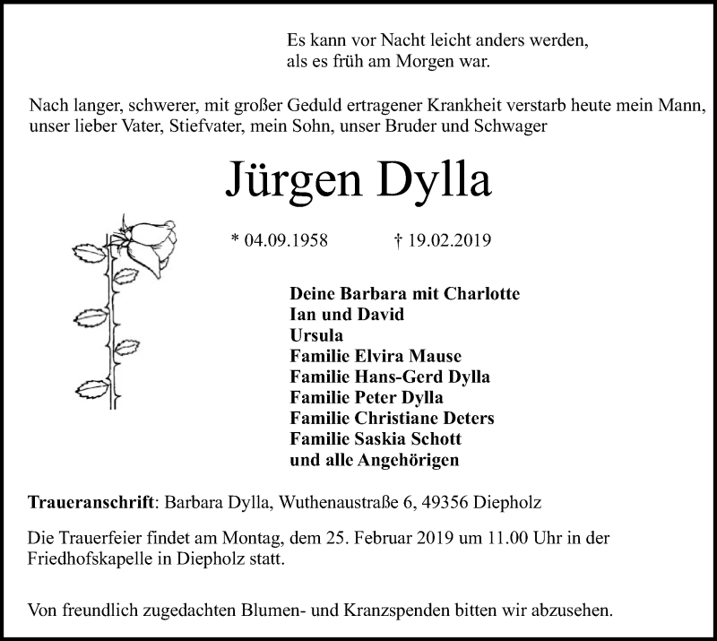  Traueranzeige für Jürgen Dylla vom 21.02.2019 aus SYK