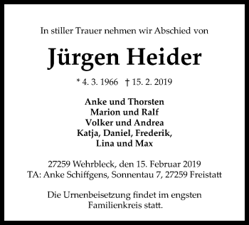 Traueranzeige von Jürgen Heider von SYK