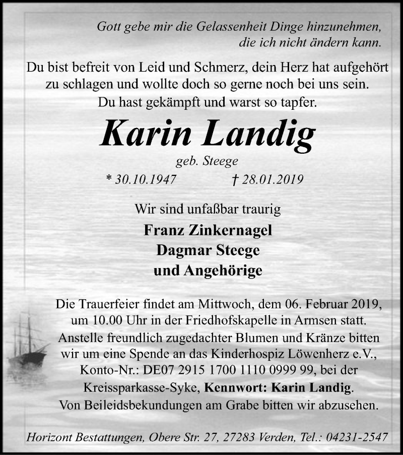  Traueranzeige für Karin Landig vom 02.02.2019 aus SYK