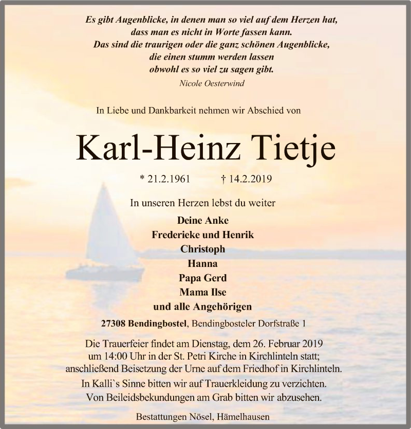  Traueranzeige für Karl-Heinz Tietje vom 23.02.2019 aus SYK