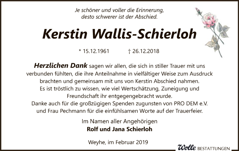  Traueranzeige für Kerstin Wallis-Schierloh vom 09.02.2019 aus SYK