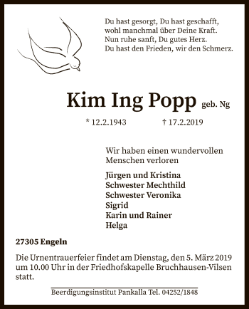 Traueranzeige von Kim Ing Popp von SYK