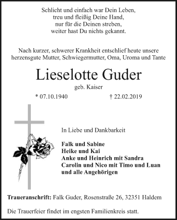 Traueranzeige von Lieselotte Guder von SYK