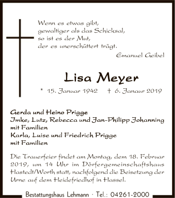 Traueranzeige von Lisa Meyer von SYK