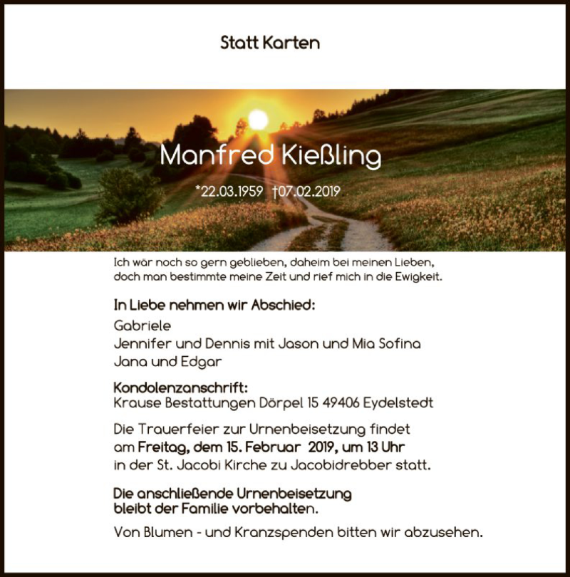  Traueranzeige für Manfred Kießling vom 11.02.2019 aus SYK