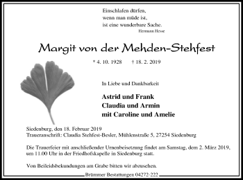 Traueranzeige von Margit von der Mehden-Stehfest von SYK