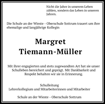 Traueranzeige von Margret Tiemann-Müller von SYK