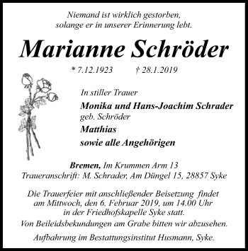 Traueranzeige von Marianne Schröder von SYK