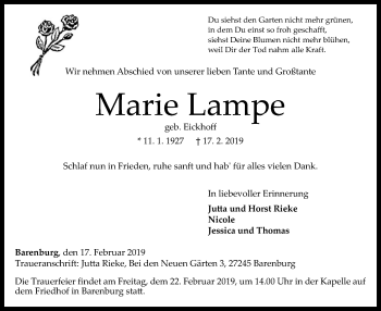 Traueranzeige von Marie Lampe von SYK