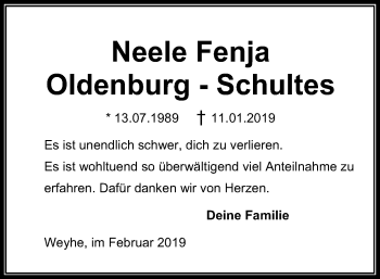 Traueranzeige von Neele Fenja Oldenburg-Schultes von SYK