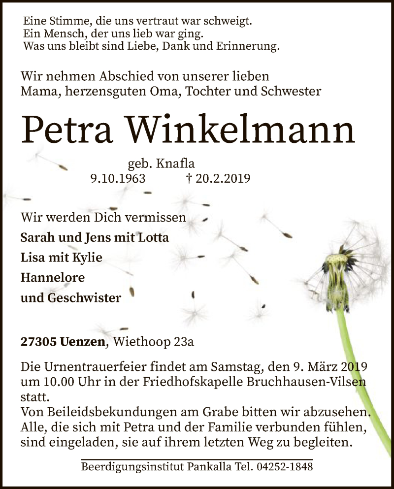  Traueranzeige für Petra Winkelmann vom 27.02.2019 aus SYK