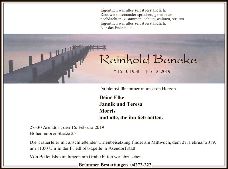  Traueranzeige für Reinhold Beneke vom 19.02.2019 aus SYK