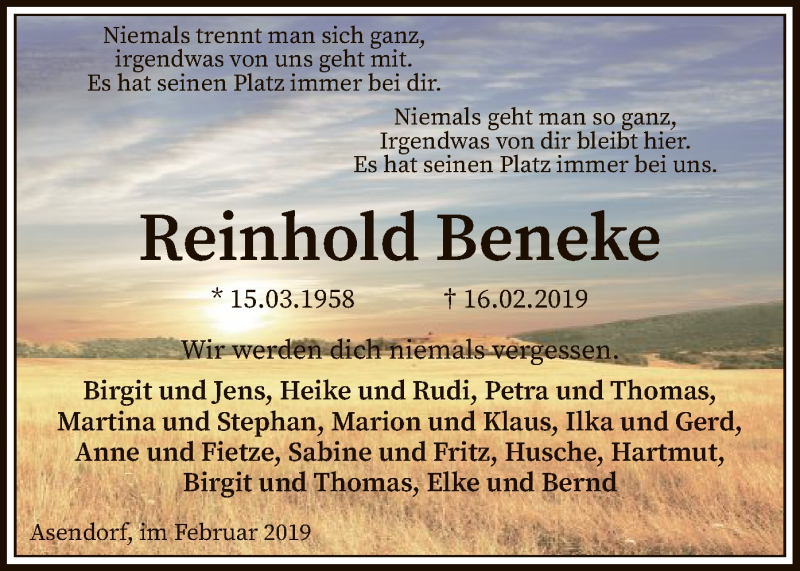  Traueranzeige für Reinhold Beneke vom 21.02.2019 aus SYK