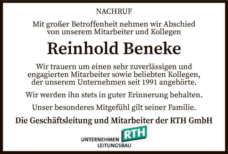 Traueranzeige für Reinhold Beneke vom 20.02.2019 aus SYK