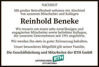 Traueranzeige von Reinhold Beneke von SYK