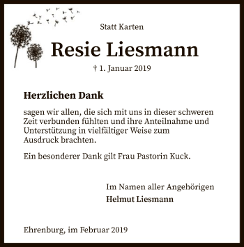 Traueranzeige von Resie Liesmann von SYK