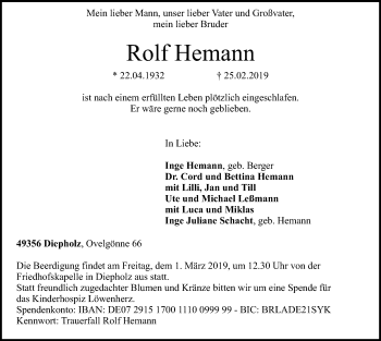 Traueranzeige von Rolf Hemann von SYK