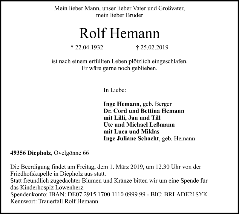  Traueranzeige für Rolf Hemann vom 27.02.2019 aus SYK