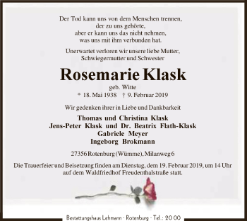 Traueranzeige von Rosemarie Klask von SYK