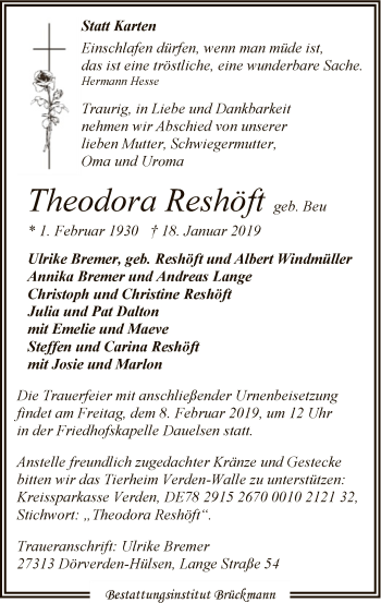 Traueranzeige von Theodora Reshöft von SYK