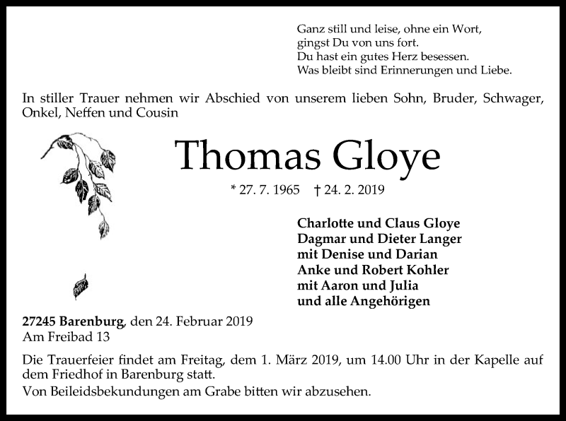  Traueranzeige für Thomas Gloye vom 27.02.2019 aus SYK