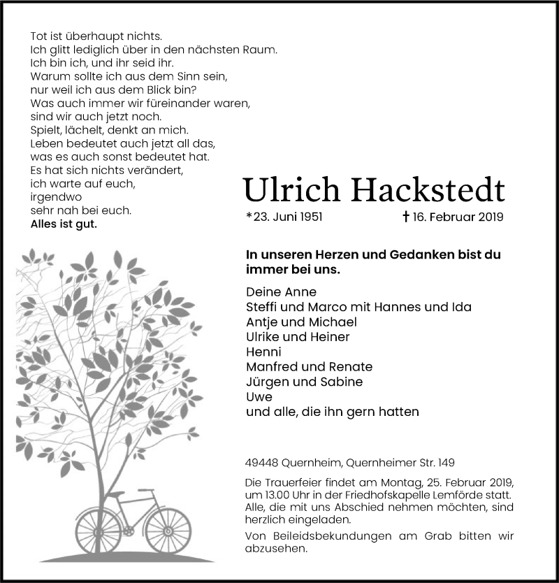  Traueranzeige für Ulrich Hackstedt vom 19.02.2019 aus SYK